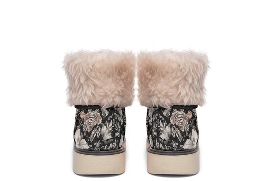 Vintage Peonies Fold Over Winter Boots - Microsuede Vegan Boots with Fur Lining and Convertible Style