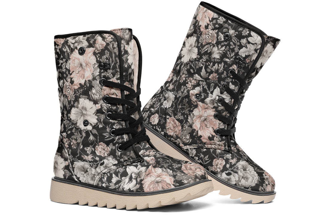 Vintage Peonies Fold Over Winter Boots - Microsuede Vegan Boots with Fur Lining and Convertible Style