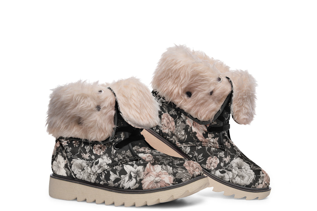 Vintage Peonies Fold Over Winter Boots - Microsuede Vegan Boots with Fur Lining and Convertible Style