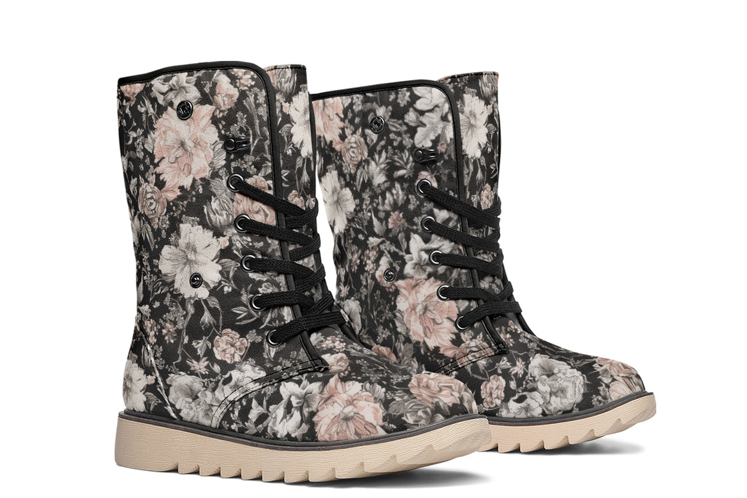 Vintage Peonies Fold Over Winter Boots - Microsuede Vegan Boots with Fur Lining and Convertible Style