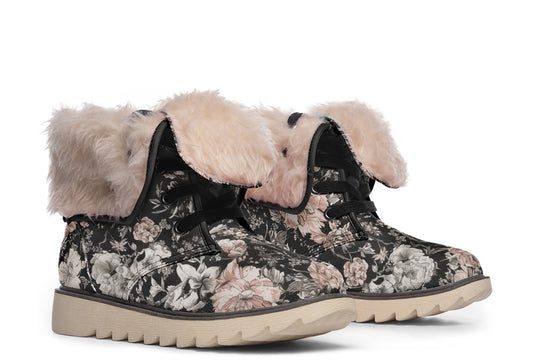 Vintage Peonies Fold Over Winter Boots - Microsuede Vegan Boots with Fur Lining and Convertible Style