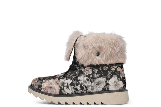 Vintage Peonies Fold Over Winter Boots - Microsuede Vegan Boots with Fur Lining and Convertible Style