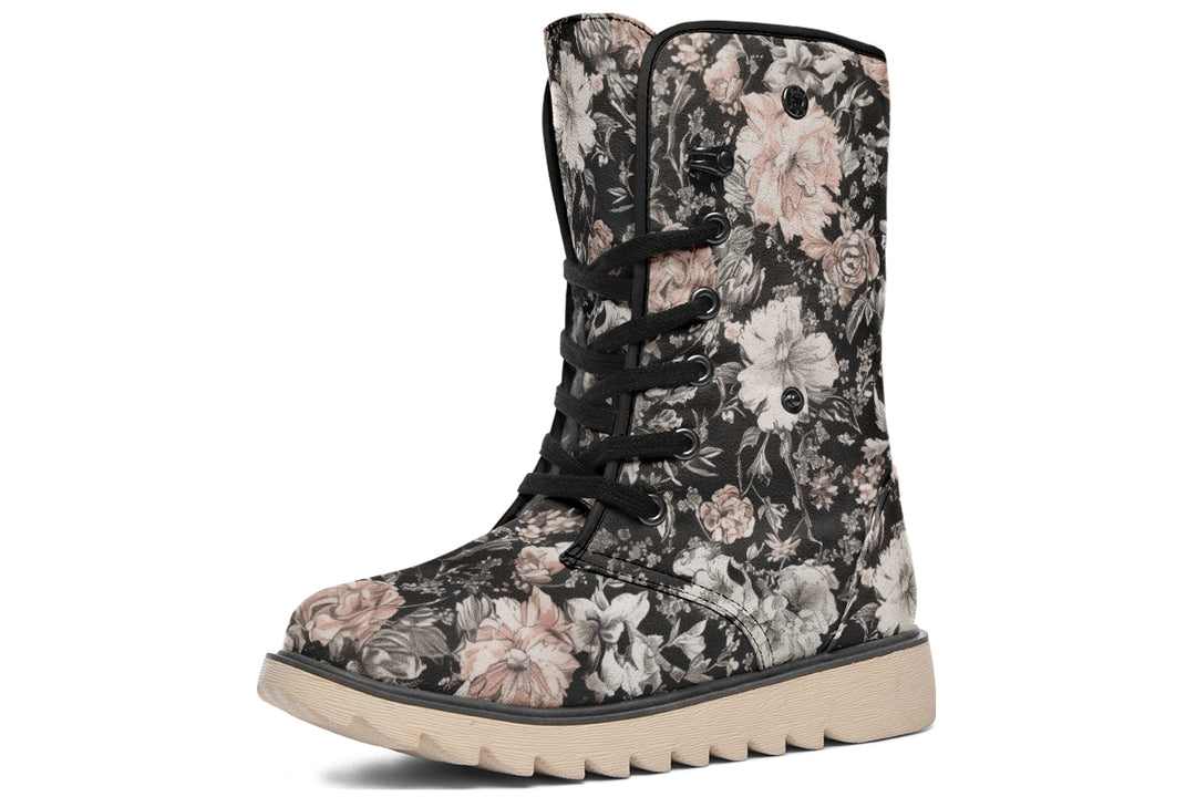 Vintage Peonies Fold Over Winter Boots - Microsuede Vegan Boots with Fur Lining and Convertible Style