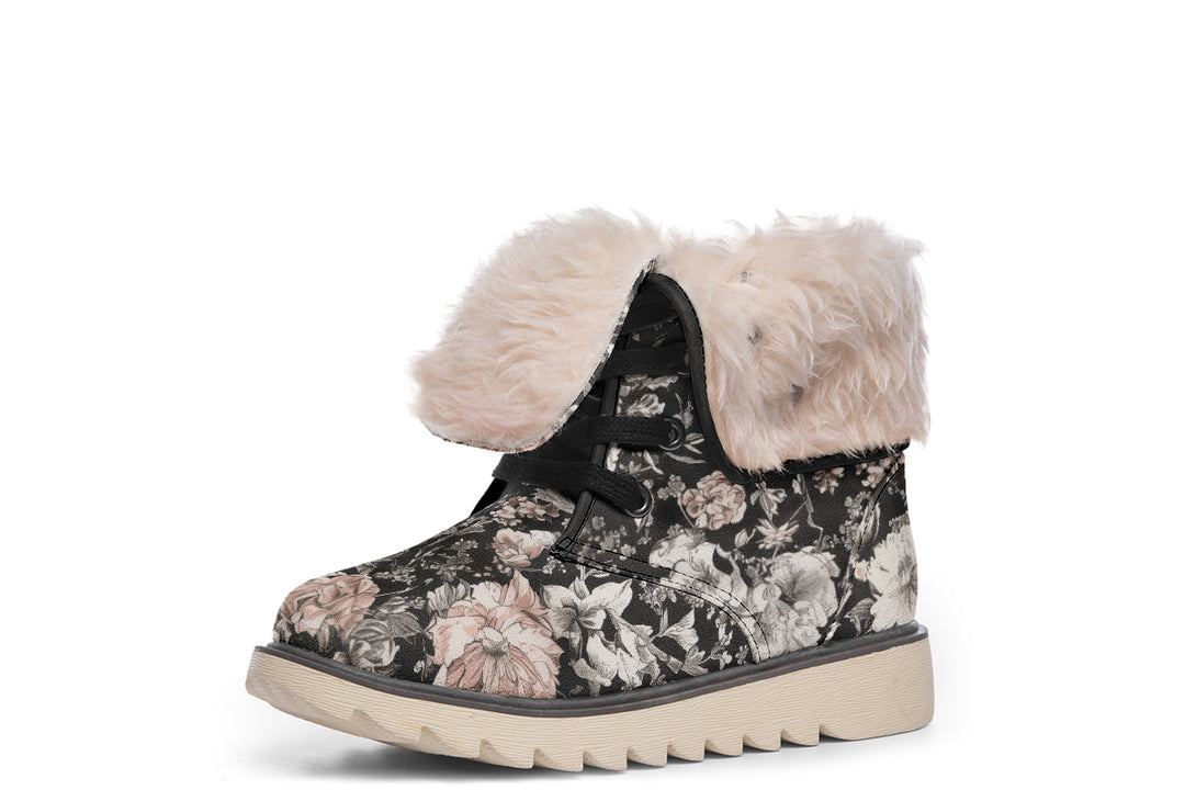 Vintage Peonies Fold Over Winter Boots - Microsuede Vegan Boots with Fur Lining and Convertible Style