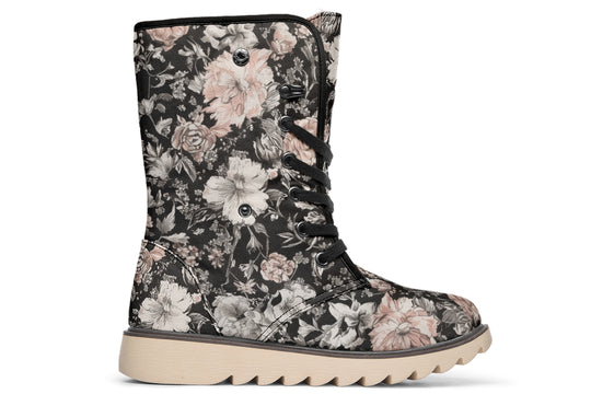 Vintage Peonies Fold Over Winter Boots - Microsuede Vegan Boots with Fur Lining and Convertible Style