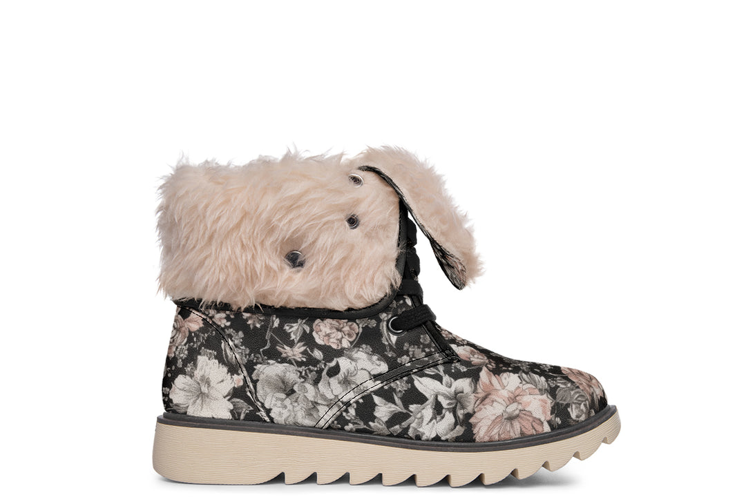 Vintage Peonies Fold Over Winter Boots - Microsuede Vegan Boots with Fur Lining and Convertible Style