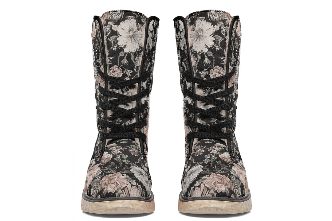 Vintage Peonies Fold Over Winter Boots - Microsuede Vegan Boots with Fur Lining and Convertible Style