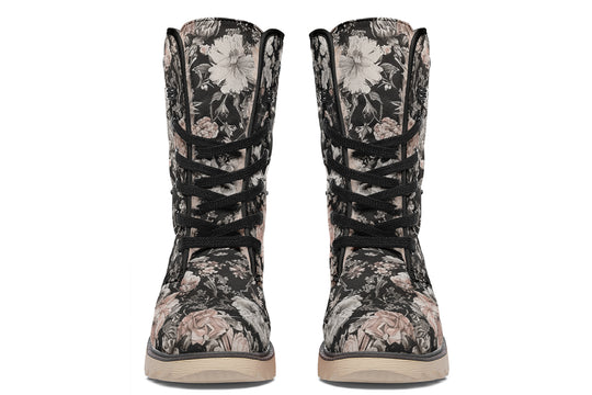 Vintage Peonies Fold Over Winter Boots - Microsuede Vegan Boots with Fur Lining and Convertible Style