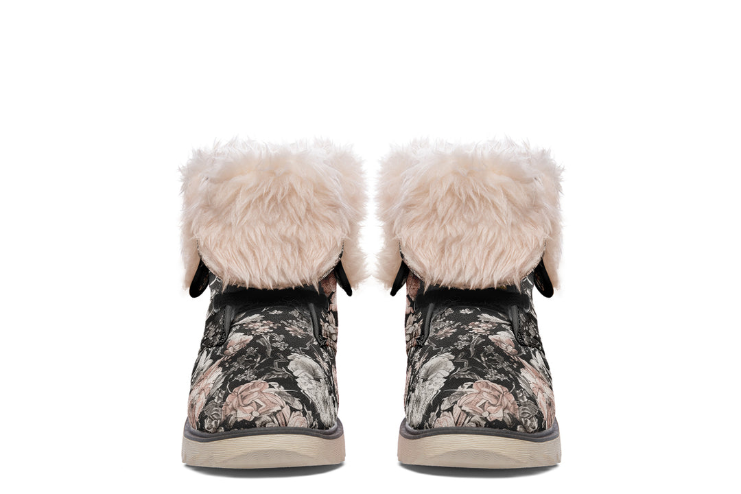 Vintage Peonies Fold Over Winter Boots - Microsuede Vegan Boots with Fur Lining and Convertible Style