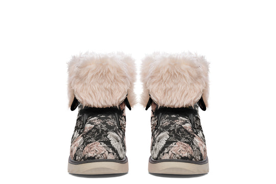 Vintage Peonies Fold Over Winter Boots - Microsuede Vegan Boots with Fur Lining and Convertible Style