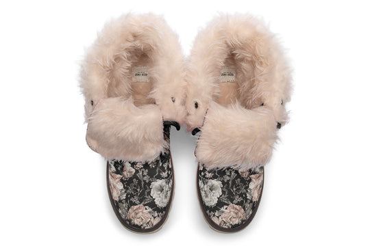 Vintage Peonies Fold Over Winter Boots - Microsuede Vegan Boots with Fur Lining and Convertible Style