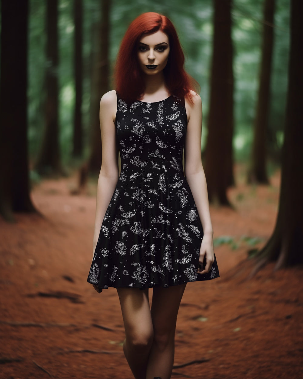 Nightshade Skater Dress -  Cute Black Goth Dress Dark Academia Cottagecore Black & White Floral Pattern Witchy
