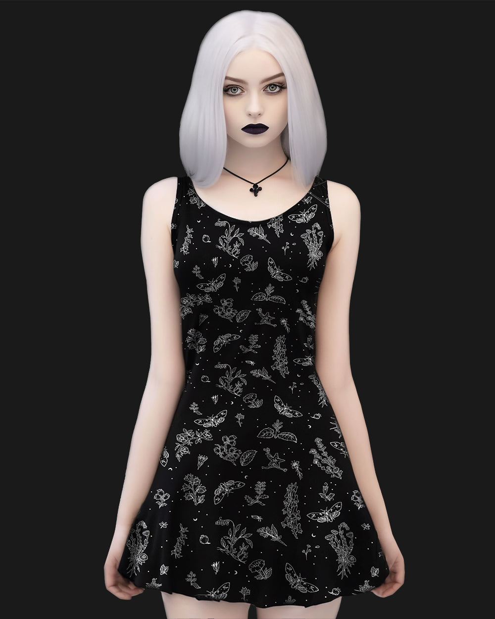 Nightshade Skater Dress -  Cute Black Goth Dress Dark Academia Cottagecore Black & White Floral Pattern Witchy