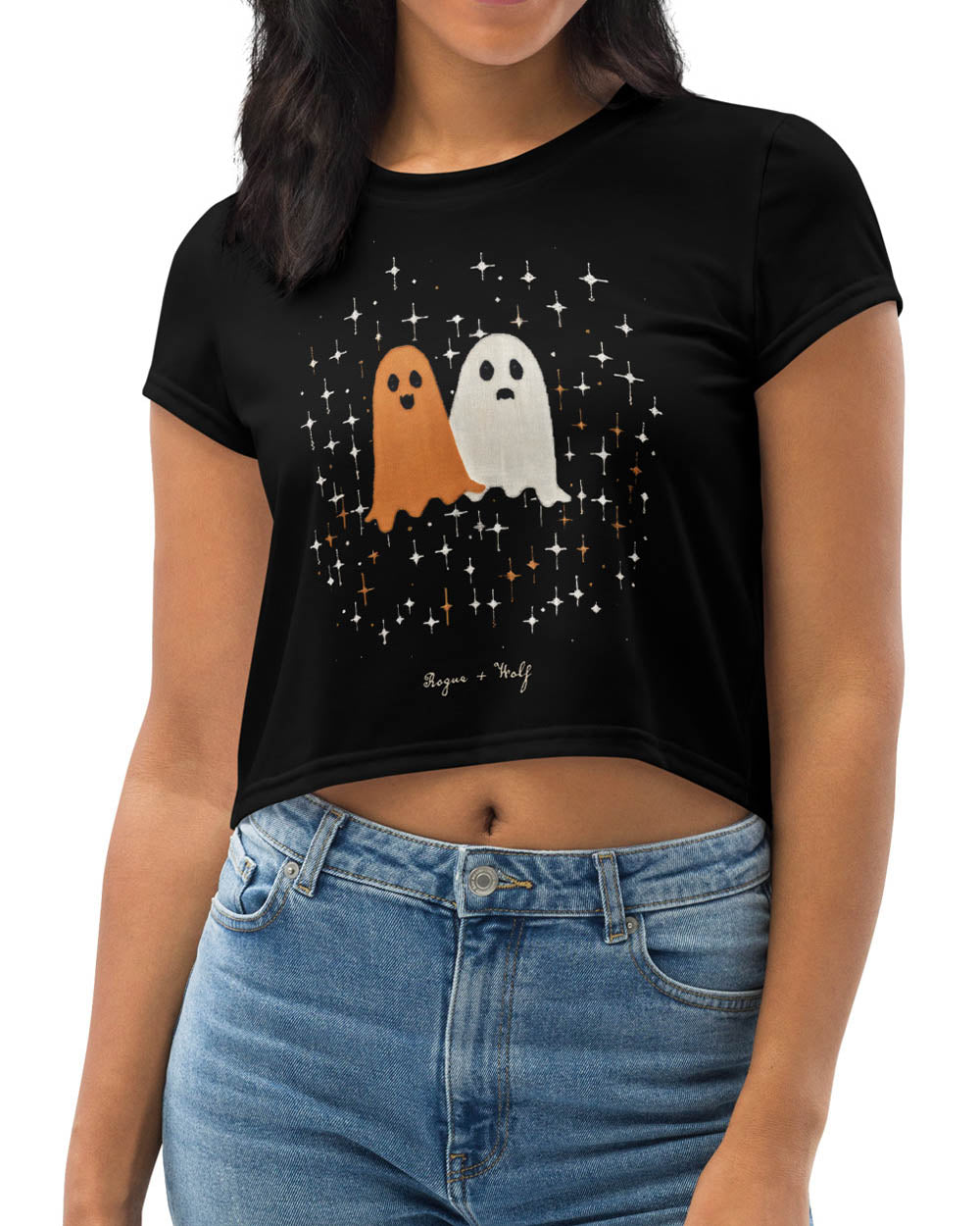 Ghost Besties Short Sleeve Crop Top - Dark Academia Spooky Ghosts Tee, Witchy Gothic Occult Fashion, Xmas Goth Gifts