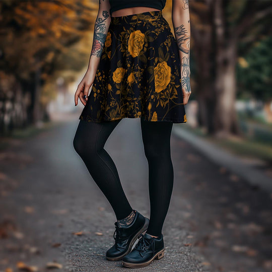 Golden Rose Romance Skater Skirt - Mid-thigh Length Skirt with Elastic Waistband and SPF 50+