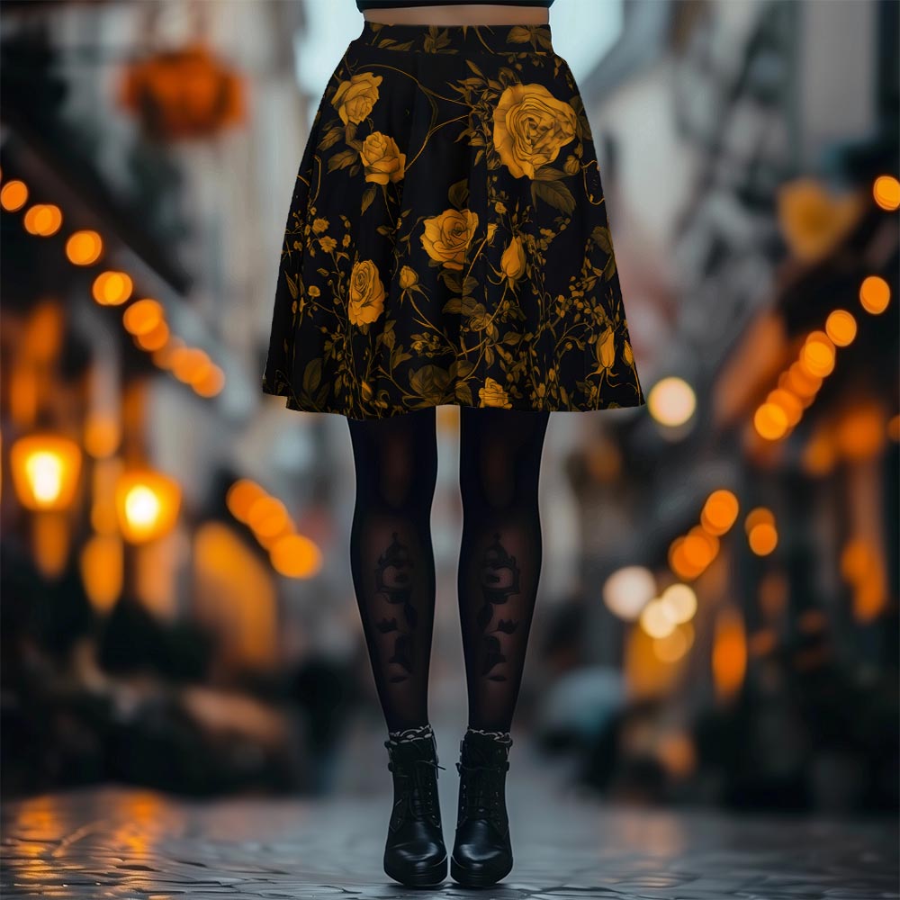 Golden Rose Romance Skater Skirt - Mid-thigh Length Skirt with Elastic Waistband and SPF 50+
