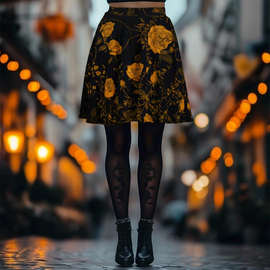 Golden Rose Romance Skater Skirt - Mid-thigh Length Skirt with Elastic Waistband and SPF 50+