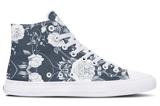 Grey Rose Romance High Tops - Classic Premium Canvas Shoes with Comfortable and Durable Soles