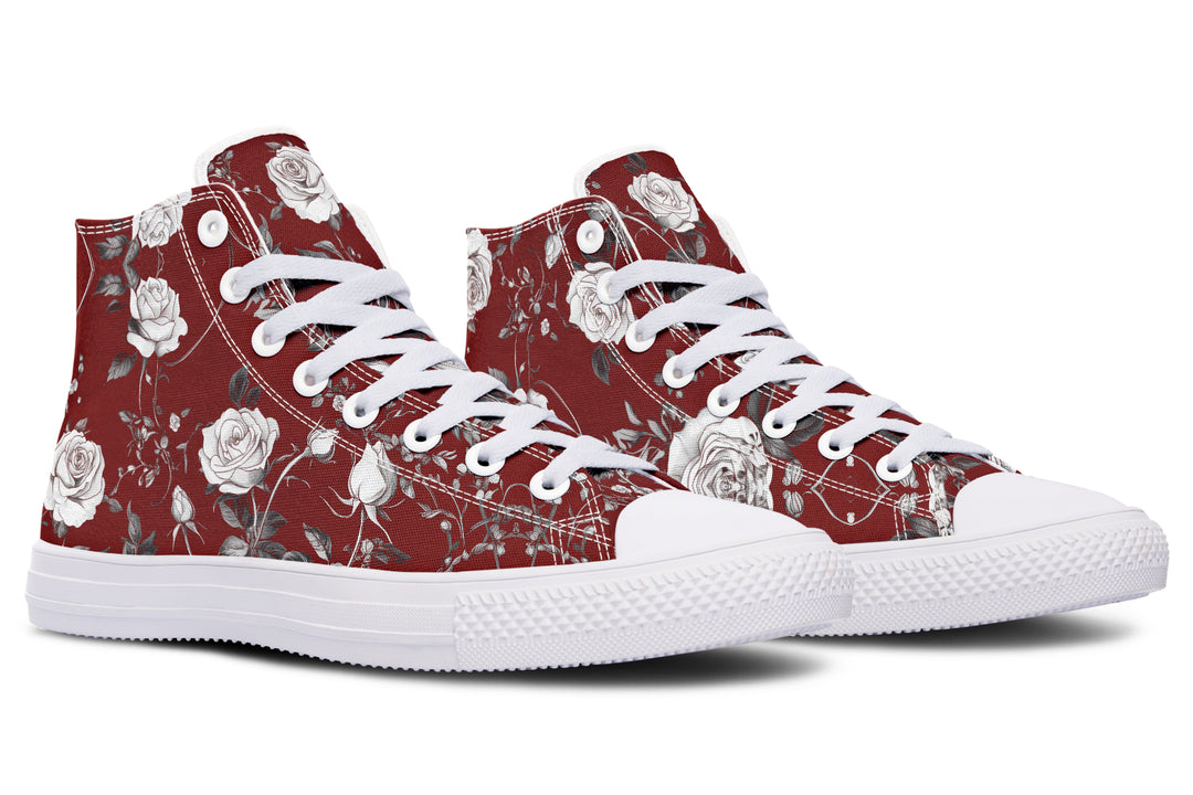 Red Rose Romance High Tops - Classic Premium Canvas Shoes with Comfortable and Durable Soles