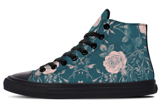 Teal Rose Romance High Tops - Classic Premium Canvas Shoes with Comfortable and Durable Soles