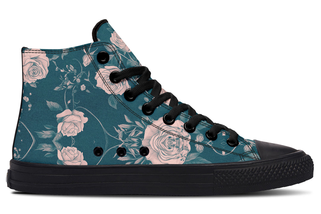 Teal Rose Romance High Tops - Classic Premium Canvas Shoes with Comfortable and Durable Soles