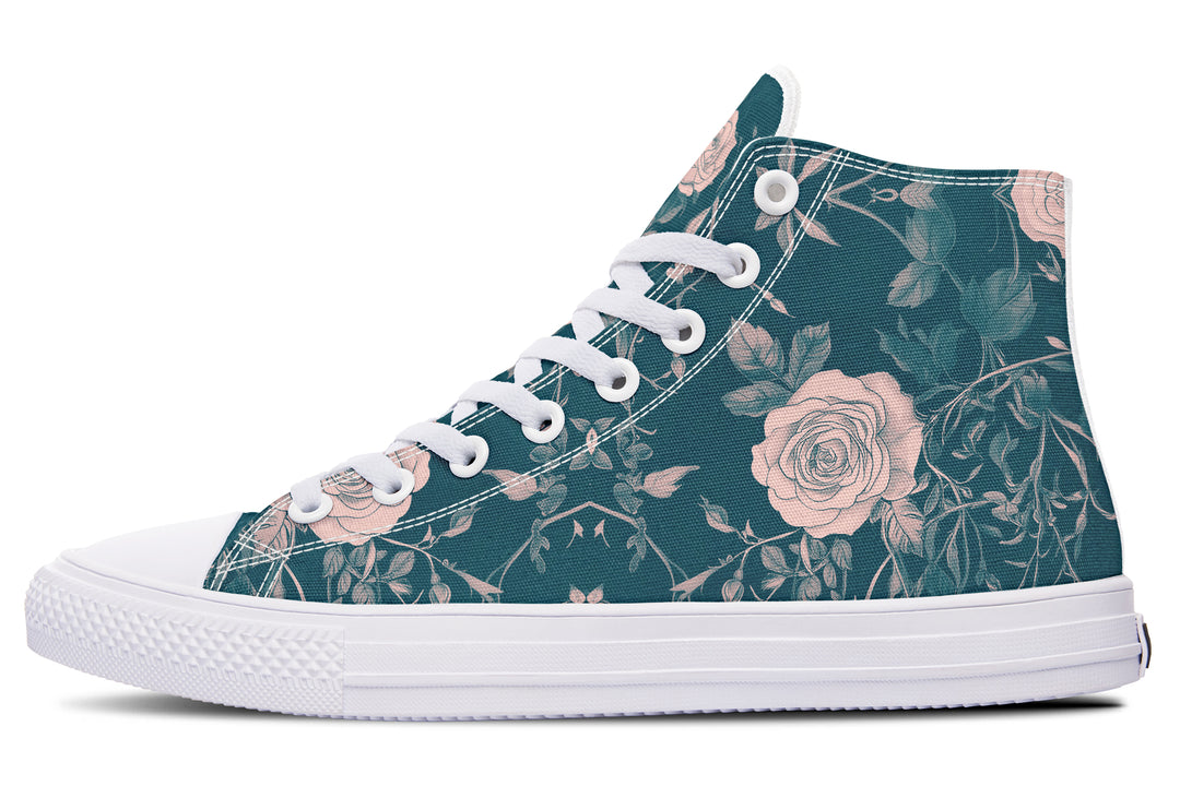 Teal Rose Romance High Tops - Classic Premium Canvas Shoes with Comfortable and Durable Soles