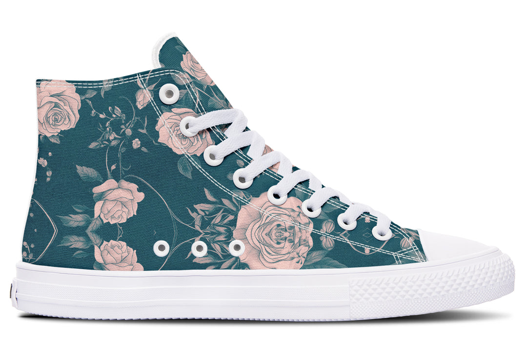 Teal Rose Romance High Tops - Classic Premium Canvas Shoes with Comfortable and Durable Soles