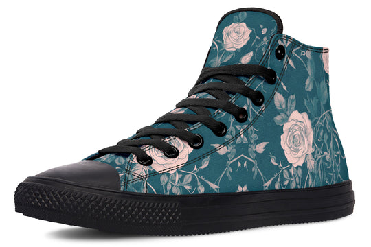 Teal Rose Romance High Tops - Classic Premium Canvas Shoes with Comfortable and Durable Soles