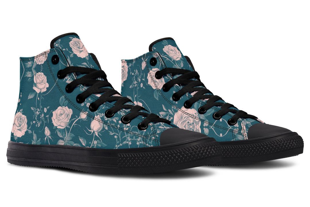 Teal Rose Romance High Tops - Classic Premium Canvas Shoes with Comfortable and Durable Soles