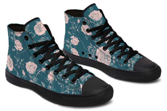 Teal Rose Romance High Tops - Classic Premium Canvas Shoes with Comfortable and Durable Soles