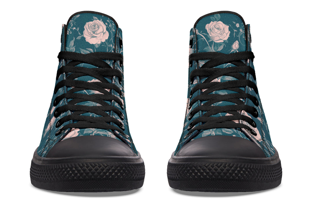 Teal Rose Romance High Tops - Classic Premium Canvas Shoes with Comfortable and Durable Soles