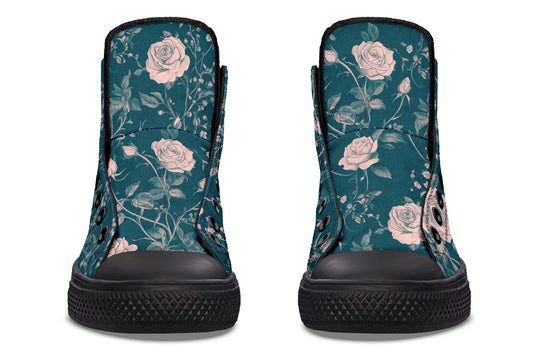 Teal Rose Romance High Tops - Classic Premium Canvas Shoes with Comfortable and Durable Soles