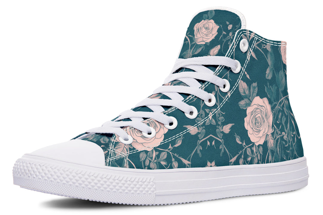 Teal Rose Romance High Tops - Classic Premium Canvas Shoes with Comfortable and Durable Soles