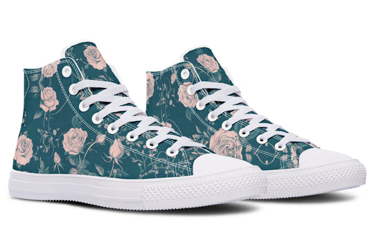 Teal Rose Romance High Tops - Classic Premium Canvas Shoes with Comfortable and Durable Soles