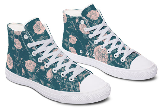 Teal Rose Romance High Tops - Classic Premium Canvas Shoes with Comfortable and Durable Soles