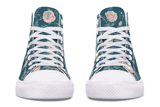 Teal Rose Romance High Tops - Classic Premium Canvas Shoes with Comfortable and Durable Soles