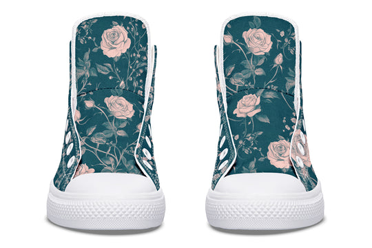 Teal Rose Romance High Tops - Classic Premium Canvas Shoes with Comfortable and Durable Soles