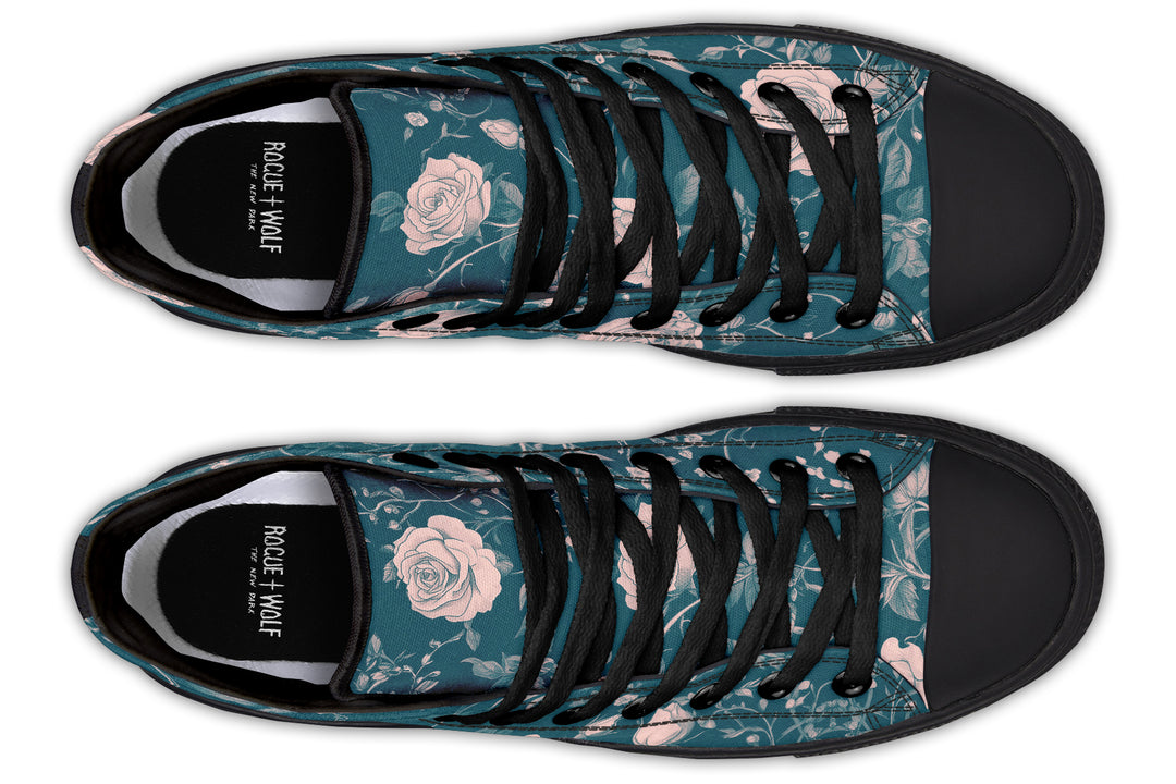 Teal Rose Romance High Tops - Classic Premium Canvas Shoes with Comfortable and Durable Soles