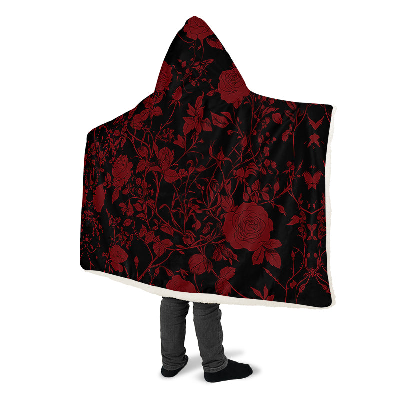 Blood Rose Romance Hooded Blanket - Cozy and Warm Wrap-around Blanket with Vegan Fur Lining and Hood