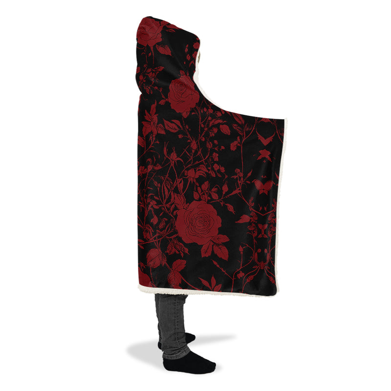 Blood Rose Romance Hooded Blanket - Cozy and Warm Wrap-around Blanket with Vegan Fur Lining and Hood