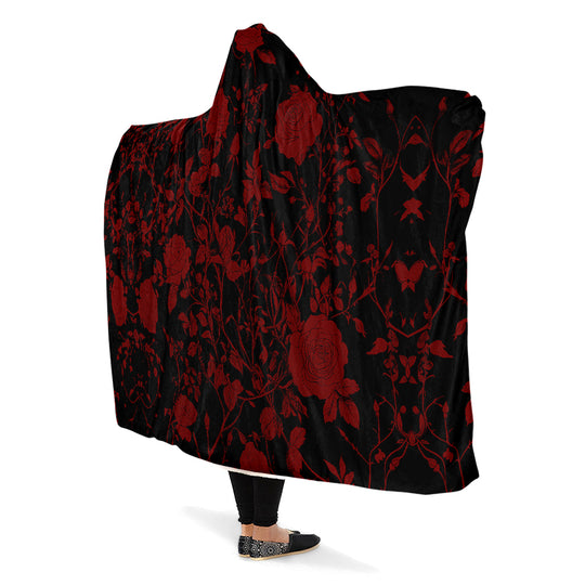 Blood Rose Romance Hooded Blanket - Cozy and Warm Wrap-around Blanket with Vegan Fur Lining and Hood