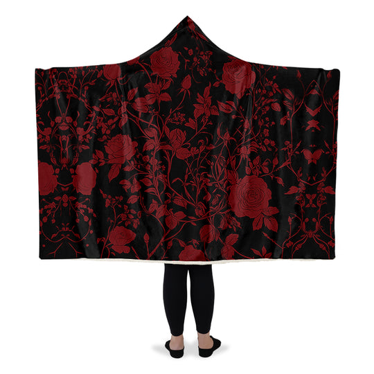 Blood Rose Romance Hooded Blanket - Cozy and Warm Wrap-around Blanket with Vegan Fur Lining and Hood