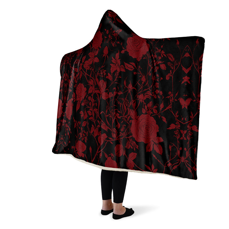 Blood Rose Romance Hooded Blanket - Cozy and Warm Wrap-around Blanket with Vegan Fur Lining and Hood