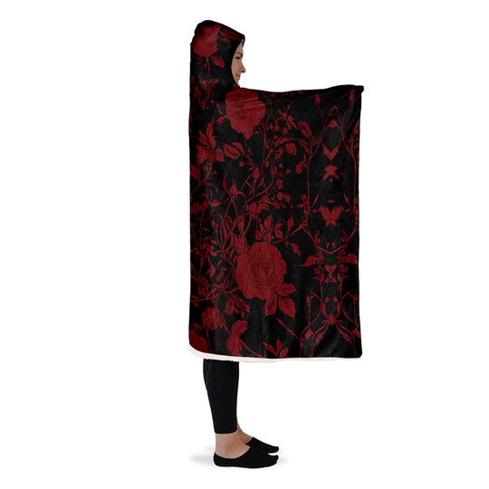 Blood Rose Romance Hooded Blanket - Cozy and Warm Wrap-around Blanket with Vegan Fur Lining and Hood