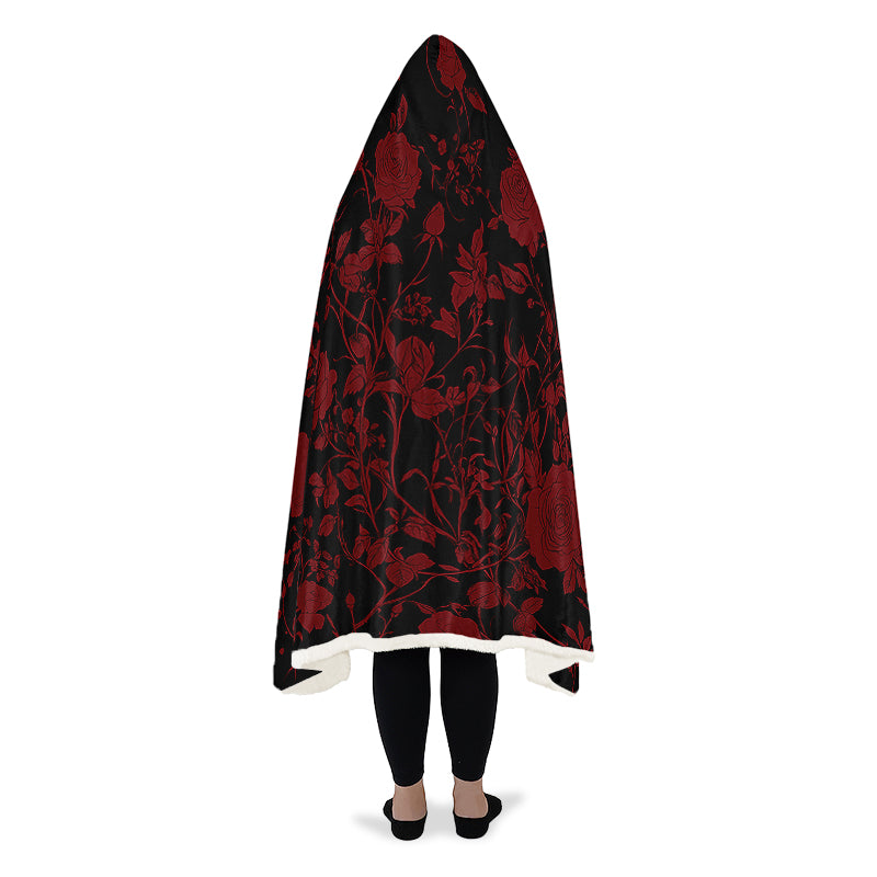 Blood Rose Romance Hooded Blanket - Cozy and Warm Wrap-around Blanket with Vegan Fur Lining and Hood