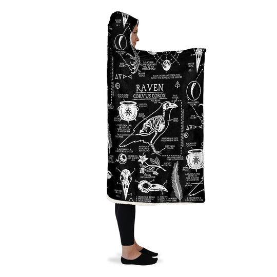 Raven Study Hooded Blanket - Cozy and Warm Wrap-around Blanket with Vegan Fur Lining and Hood