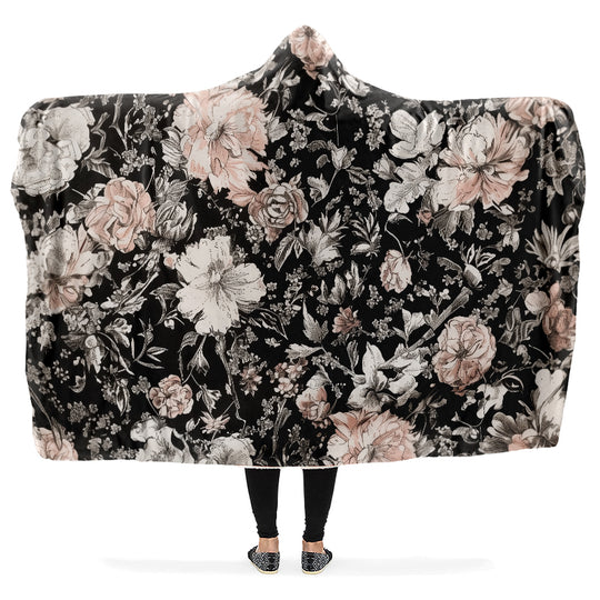 Vintage Peonies Hooded Blanket - Cozy and Warm Wrap-around Blanket with Vegan Fur Lining and Hood