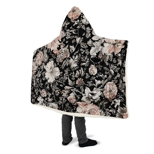 Vintage Peonies Hooded Blanket - Cozy and Warm Wrap-around Blanket with Vegan Fur Lining and Hood