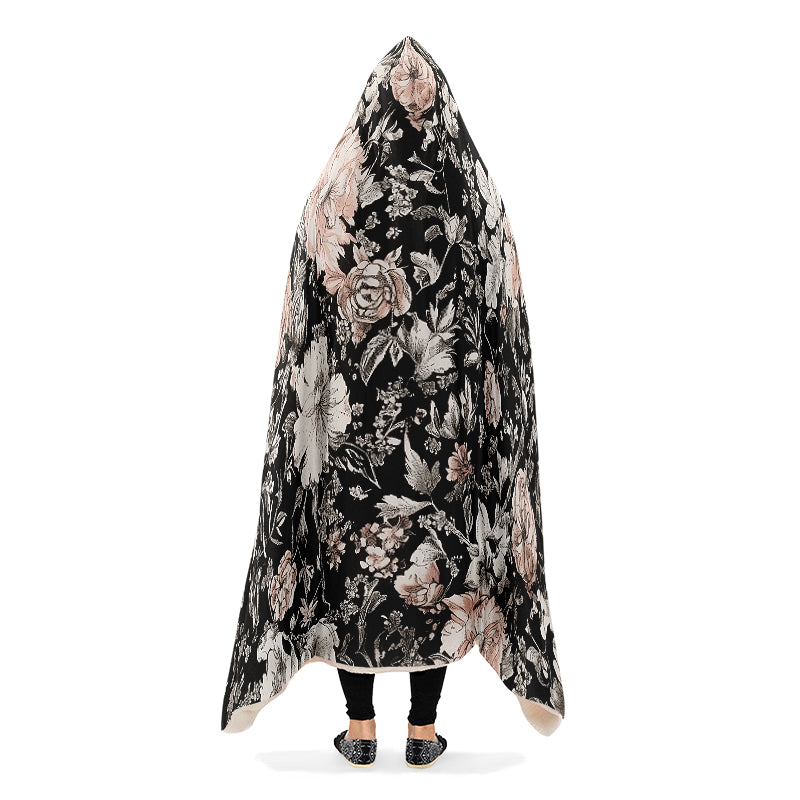 Vintage Peonies Hooded Blanket - Cozy and Warm Wrap-around Blanket with Vegan Fur Lining and Hood