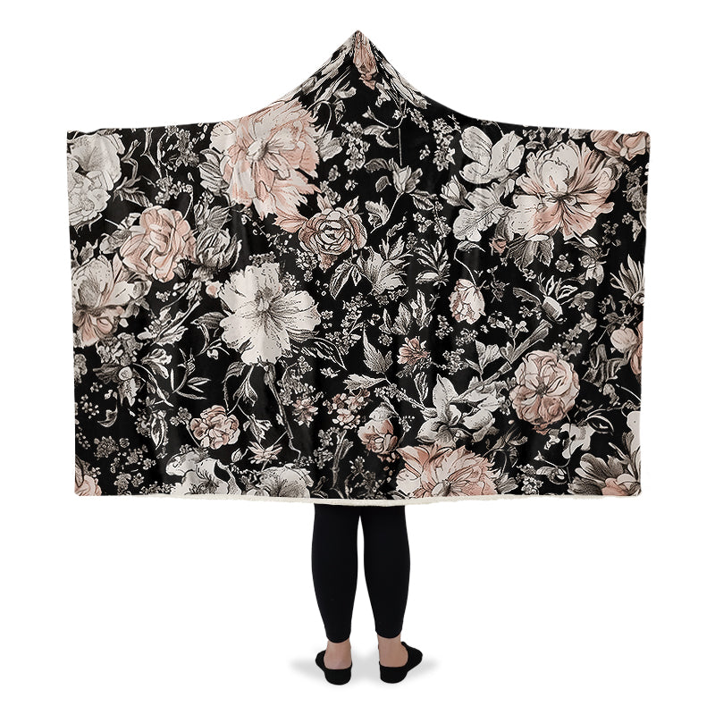 Vintage Peonies Hooded Blanket - Cozy and Warm Wrap-around Blanket with Vegan Fur Lining and Hood